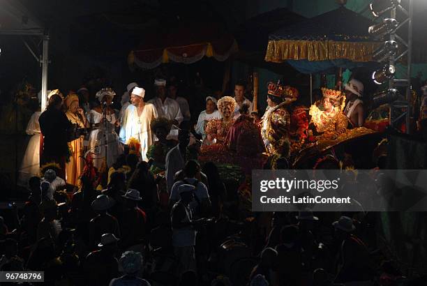 People watch the Night Of Silent Drums celebration, a traditional candomble and afro-Brazilian ritual, during the Recife's carnival on February 15,...