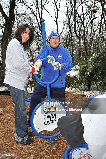 President Donna Orender and head coach George Karl of the Denver Nuggets helps out at the KaBoom! Playground Build during the 2010 NBA All-Star Day...
