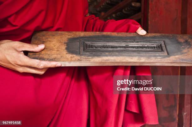 A wood block for woodcut printing in the library at Dege printing house in Kham region in oriental Tibet Szechuan province in China, on August 18,...