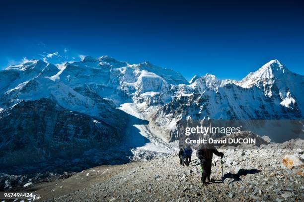 Kangchenjunga and Wedge peak from Droma peak satelite summit at 6009 M, Kangchenjunga area, Taplejung district, Nepal.