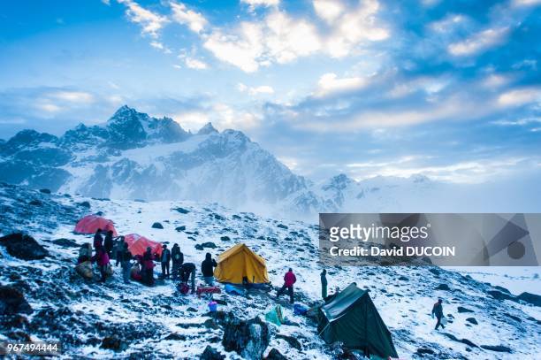 Pass camp at 4800 meters on Lumbasumba trek, in Kangchenjunga area, Taplejung district, Nepal.