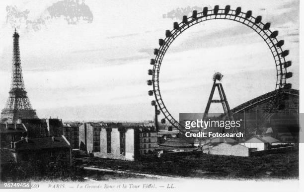 Postcard with the title 'La Grande Roule at la Tour Eiffel,' showing a view of Paris with the Eiffel Tower and La Grande Roule Ferris Wheel. Paris,...