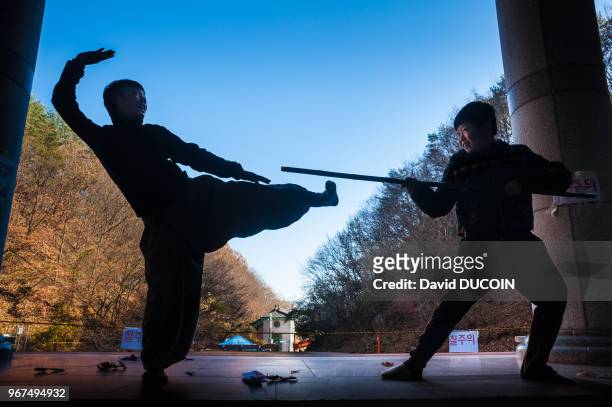 Students learning martial art at Golgul temple and Sunmodo center near Gyeongju city, Gyeongsangbuk province, South Korea.
