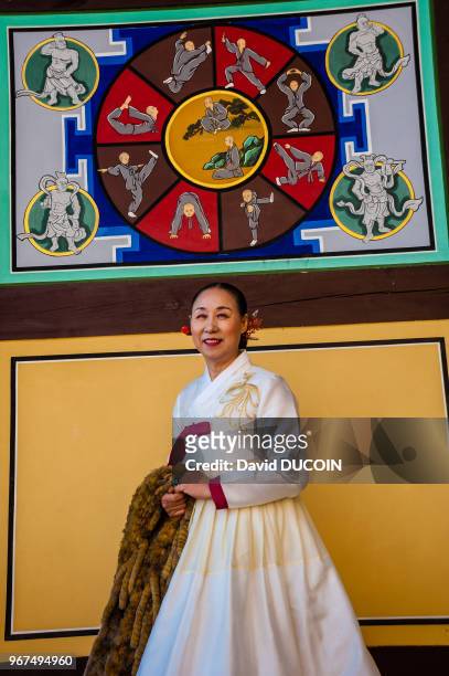 Actress and dancer performing at Golgul temple and Sunmodo center near Gyeongju city, Gyeongsangbuk province, South Korea.