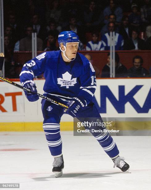 Mats Sundin of the Toronto Maple Leafs skates against the Montreal Canadiens in the 1990's at the Montreal Forum in Montreal, Quebec, Canada.