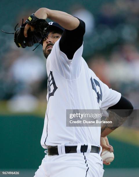 Starting pitcher Mike Fiers of the Detroit Tigers delivers against the New York Yankees during the second inning of game two of a doubleheader at...
