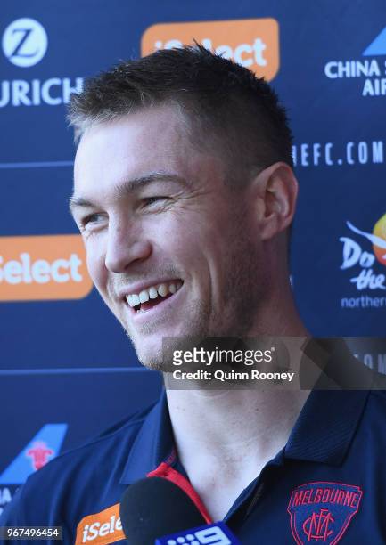 Tom McDonald speaks to the media during a press conference at AAMI Park on June 5, 2018 in Melbourne, Australia.