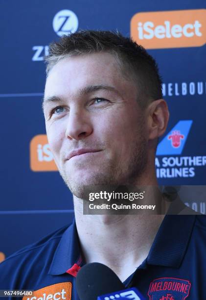 Tom McDonald speaks to the media during a press conference at AAMI Park on June 5, 2018 in Melbourne, Australia.