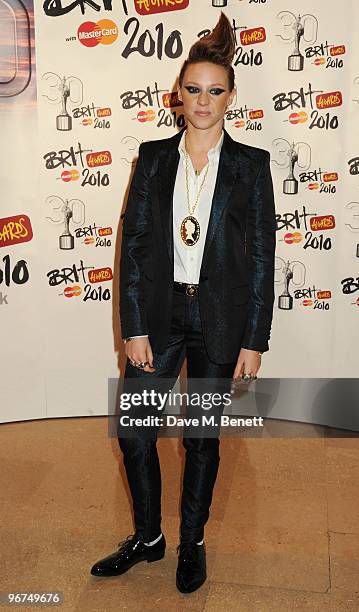 Eleanor Jackson of La Roux arrive at The Brit Awards 2010, at Earls Court One on February 16, 2010 in London, England.