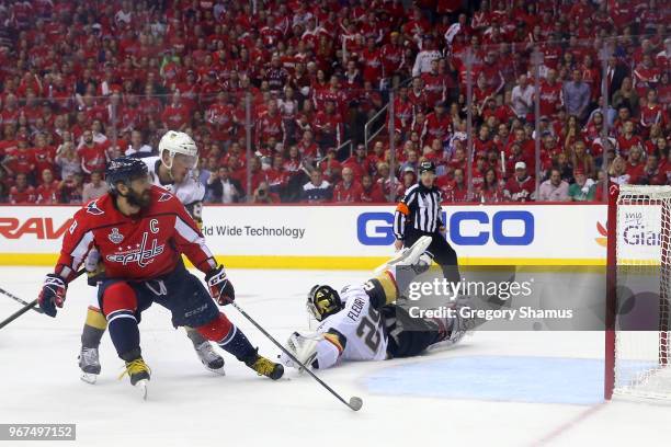 Marc-Andre Fleury of the Vegas Golden Knights stops a shot against the Washington Capitals in Game Four of the 2018 NHL Stanley Cup Final at Capital...