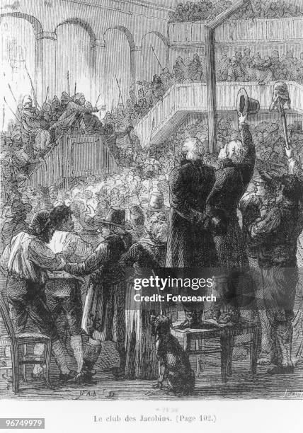 Engraving captioned 'Le club des Jacobins,' depicting number of people engaged in debate. The Jacobin Club was the most famous political club of the...