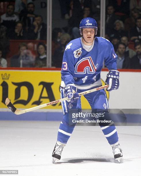 Mats Sundin of the Quebec Nordiques skates against the Montreal Canadiens in the early 1990's at the Montreal Forum in Montreal, Quebec, Canada.