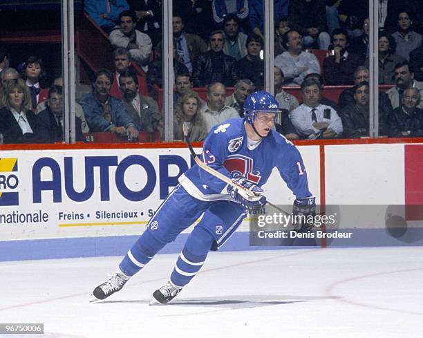 Mats Sundin of the Quebec Nordiques skates against the Montreal Canadiens in the early 1990's at the Montreal Forum in Montreal, Quebec, Canada.