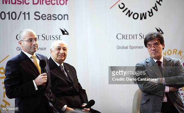 Paul Calello, Zarin Mehta, and Alan Gilbert attend the New York Philharmonic's announcement of plans for the 2010/2011 season at Alice Tully Hall on...