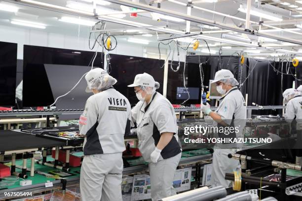 Des employés de la société d'électronique japonaise Panasonic assemblent les nouveaux téléviseurs à diodes électroluminescentes "Viera" au Centre...