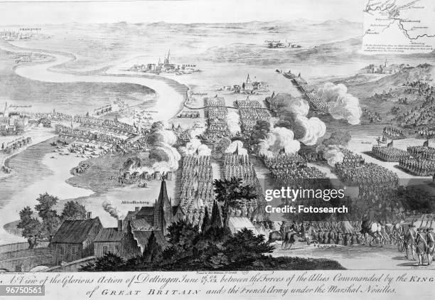 Engraving captioned 'A View of the Glorious action of Dettingen June 16/27 between the forces of the allies commanded by the king of Great Britain...