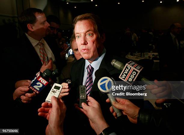 William "Bill" Ford, executive chairman of Ford Motor Co., speaks to reporters after giving a speech at the Livonia Chamber of Commerce in Livonia,...