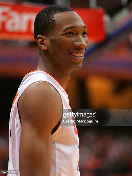 Wesley Johnson of the Syracuse Orange looks on during the game against the Louisville Cardinals at the Carrier Dome on February 14, 2010 in Syracuse,...