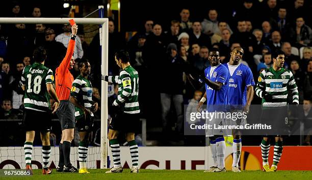 Sylvain Distin of Everton is sent off during the UEFA Europa League Round 32 first leg match between Everton and Sporting Lisbon on February 16, 2010...