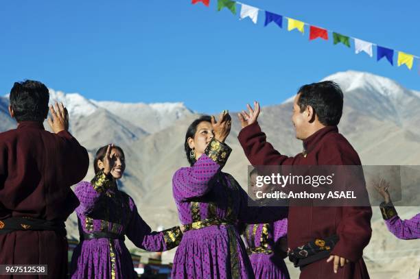 India, Ladakh, Leh, tibetan ceremony in Shanti Stupa with tibetan monks and tibetan traditional dances.