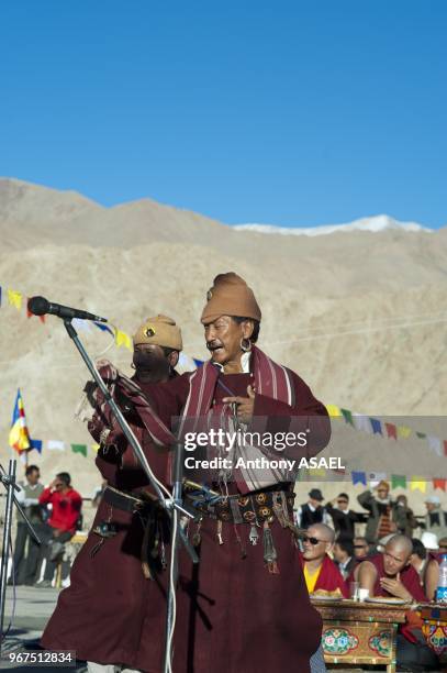 India, Ladakh, Leh, tibetan ceremony in Shanti Stupa with tibetan monks and tibetan traditional dances.