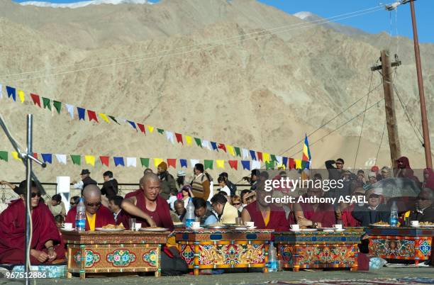 India, Ladakh, Leh, tibetan ceremony in Shanti Stupa with tibetan monks and tibetan traditional dances.