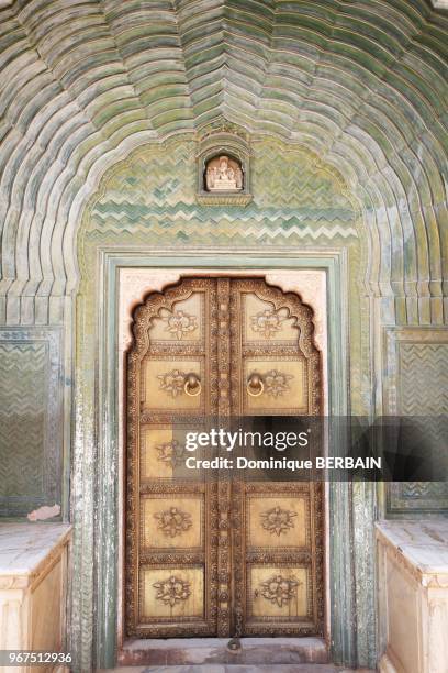 Porte Ganesha représentant l'automne, 28 avril 2017, Jaipur, Rajasthan, Inde.