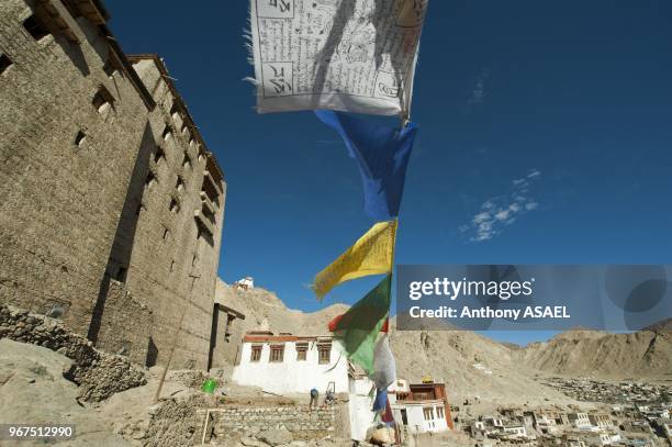 India, Ladakh, Leh, Leh Palace in the Indus Valley with prayer flags.