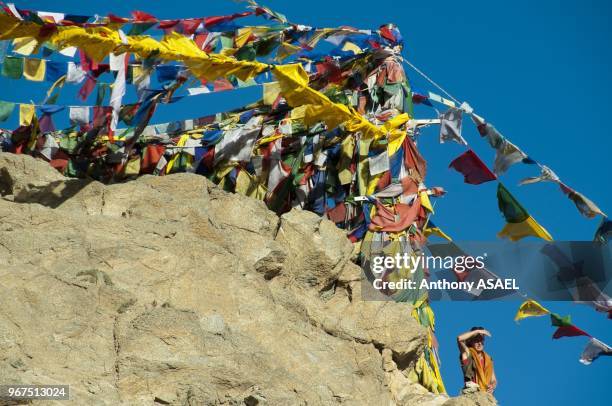 India, Ladakh, Leh, prayer flags at the Gonkang Gompa.