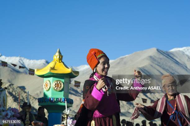 India, Ladakh, Leh, tibetan ceremony in Shanti Stupa with tibetan monks and tibetan traditional dances.