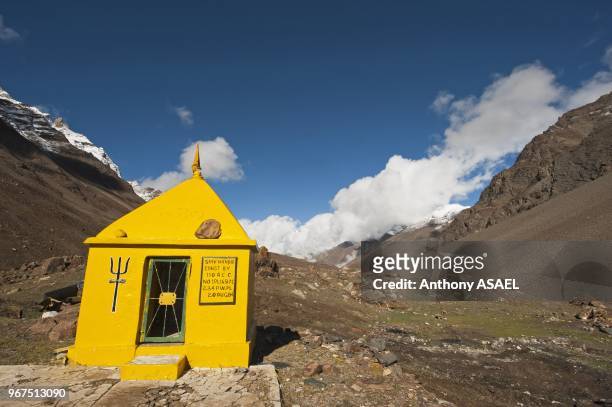 India, Ladakh, scenic landscape with buddhist yellow stupa in the Himalayas.