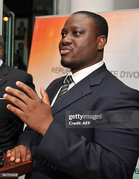 Ivory Coast's Prime Minister Guillaume Soro answers journalists' questions in Abidjan on February 16, 2010. Ivory Coast delayed the expected...