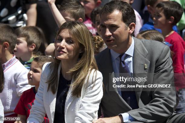 Prince Felipe and Princess Letizia Visit the Castrillon's City Hall and 'Infanta Leonor' school in Castillon , Spain.