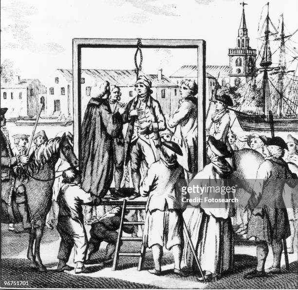 Engraving captioned 'A Pirate Hanged at Execution Dock.' Execution Dock is located on the Thames in the Wapping area of London, England, United...