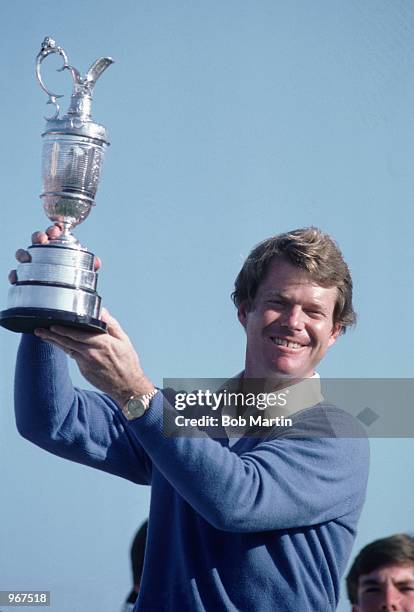 Tom Watson of the USA holds aloft the Claret Jug after winning the British Open played at Royal Troon in Scotland \ Mandatory Credit: Bob Martin...