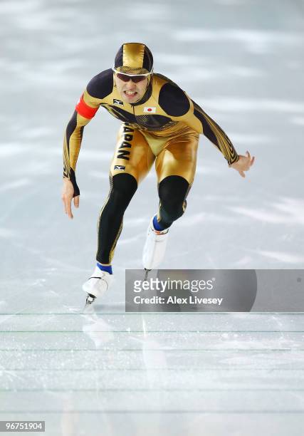 Keiichiro Nagashima of Japan crosses the finish line on his way to winning the silver medal in the men's 500 m speed skating held at the Richmond...