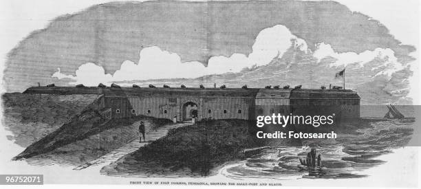 Engraving with the caption 'Front view of Fort Pickens, Pensacola, showing the sally-port and glacis,' taken from Harper's Pictorial History of The...