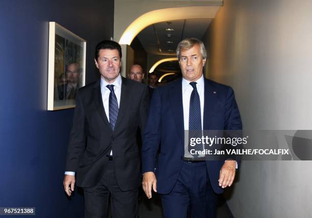 Vincent Bollore, CEO of Bollore Group and French Industry minister, Christian Estrosi visit a battery-producing factory in the suburbs of Montreal,...