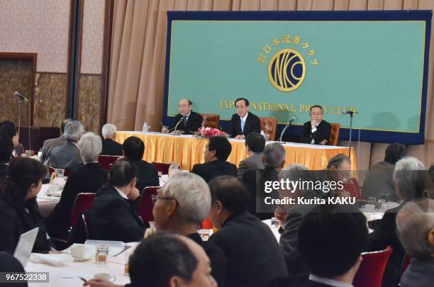 Press conference by The Bank of Japan's Governor Masaaki Shirakawa at Japan National Press Club on February 17, 2012 in Tokyo Japan.