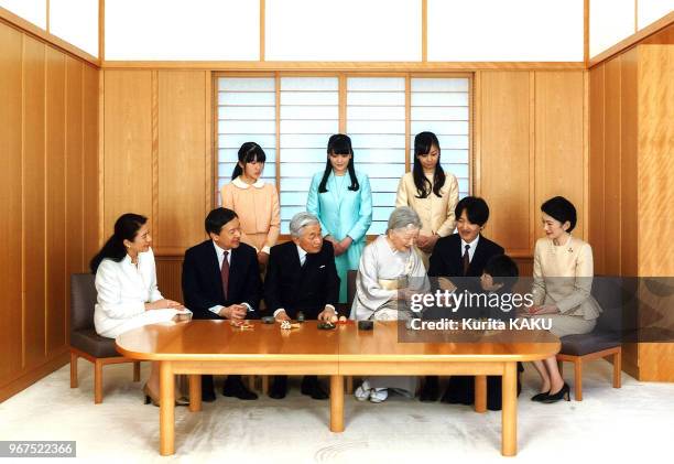 This handout picture taken by Imperial Household Agency on November 18, 2015 shows Japanese Emperor Akihito and Empress Michiko smiling with their...