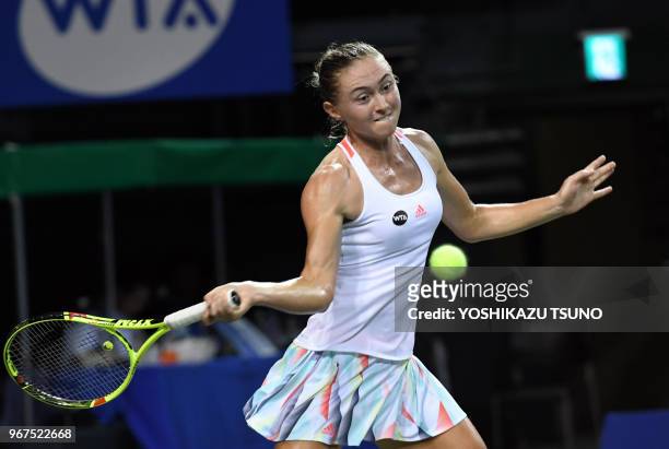 Aliaksandra Sasnovich of Belarus during the second round of the Toray Pan Pacific Open tennis championships in Tokyo on September 22, 2016. Sasnovich...