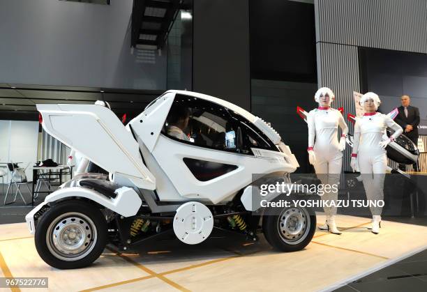 Japanese automobile venture Exmachina displays two-seater electric vehicle "Earth-1" which has four-wheel steering function at a press preview in...