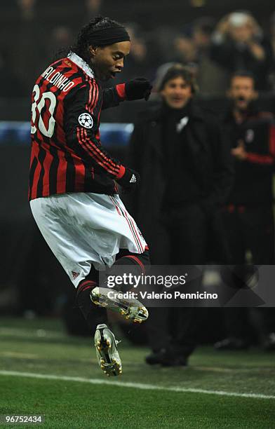 Ronaldinho of AC Milan celebrates the goal during the UEFA Champions League round of 16 first leg match between AC Milan and Manchester United on...