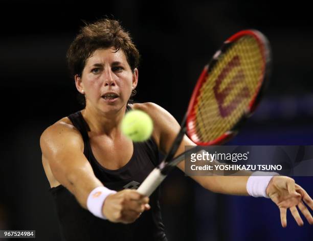 Spain's Carla Suarez Navarro during the second round of the Toray Pan Pacific Open tennis championships in Tokyo on September 21, 2016. Wozniacki...