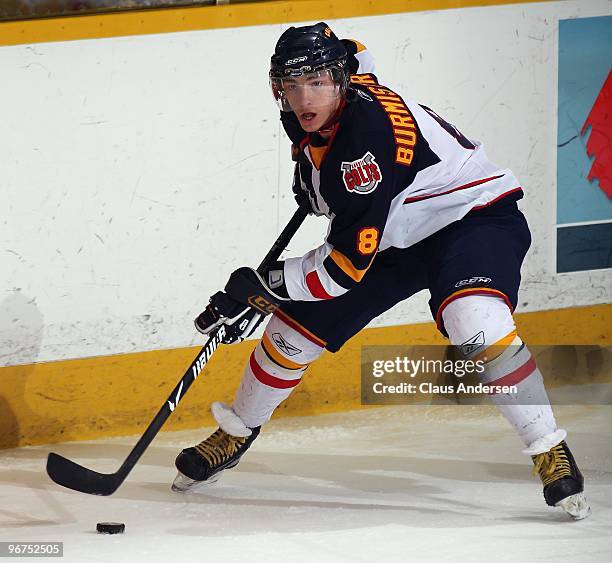 Alexander Burmistrov of the Barrie Colts gets set to pass the puck in a game against the Peterborough Petes on February 11, 2010 at the Peterborough...