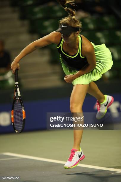 Ukraine's Elina Svitolina delivers a service during the first round of the Toray Pan Pacific Open tennis championships in Tokyo on September 20,...