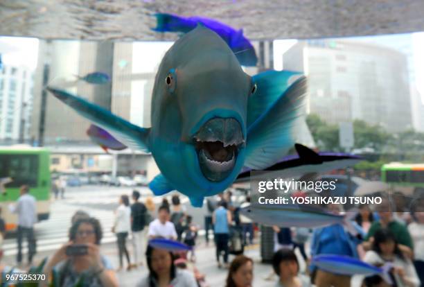 Visiteurs regardant quelques 500 poissons tropicaux dans un grand aquarium dans le bâtiment de la société 'Sony' le 17 juillet 2016 dans le quartier...