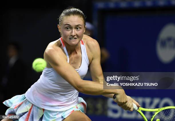 Aliaksandra Sasnovich of Belarus during the second round of the Toray Pan Pacific Open tennis championships in Tokyo on September 22, 2016. Sasnovich...