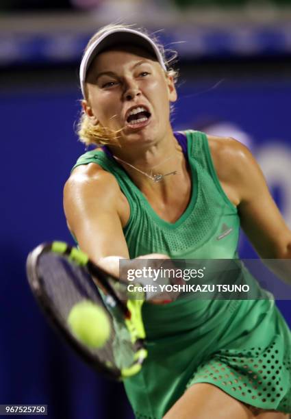 Caroline Wozniacki during the second round of the Toray Pan Pacific Open tennis championships in Tokyo on September 21, 2016. Wozniacki defeated...