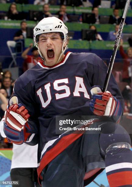 Bobby Ryan of The United States celebrates after he scored the first goal during the ice hockey men's preliminary game between USA and Switzerland on...